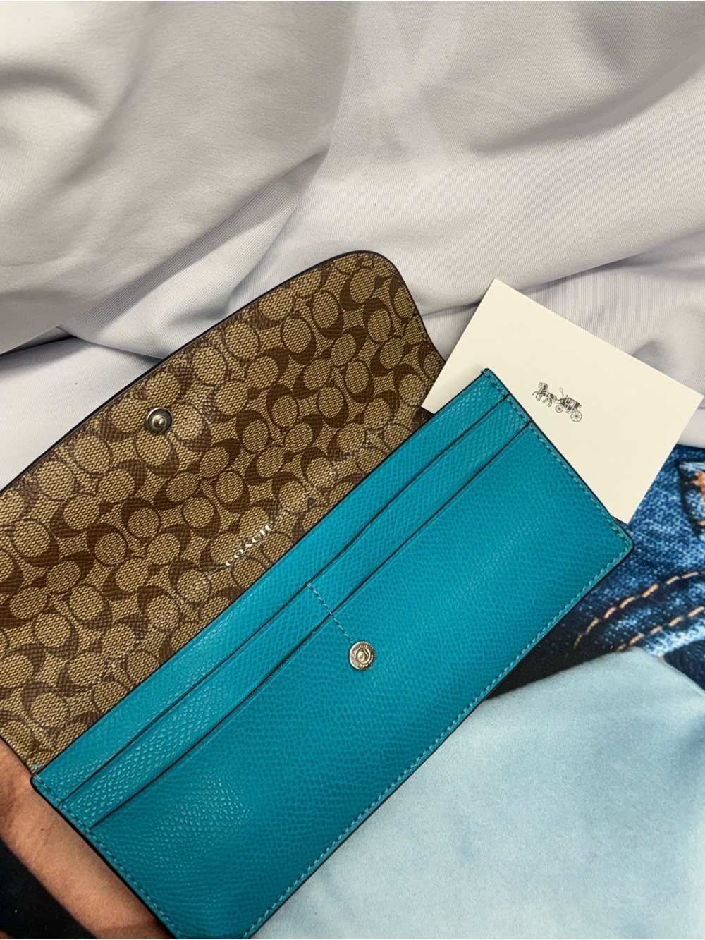 (new+card) COACH Leather Sig Teal Blue/Green Leather Continental Flap Wallet - Picture 2 of 8